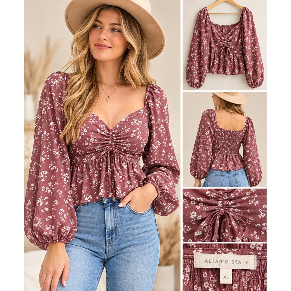 Altar'd State Womens XL Mauve Floral Ruched Tie Front Peplum Blouse Boho